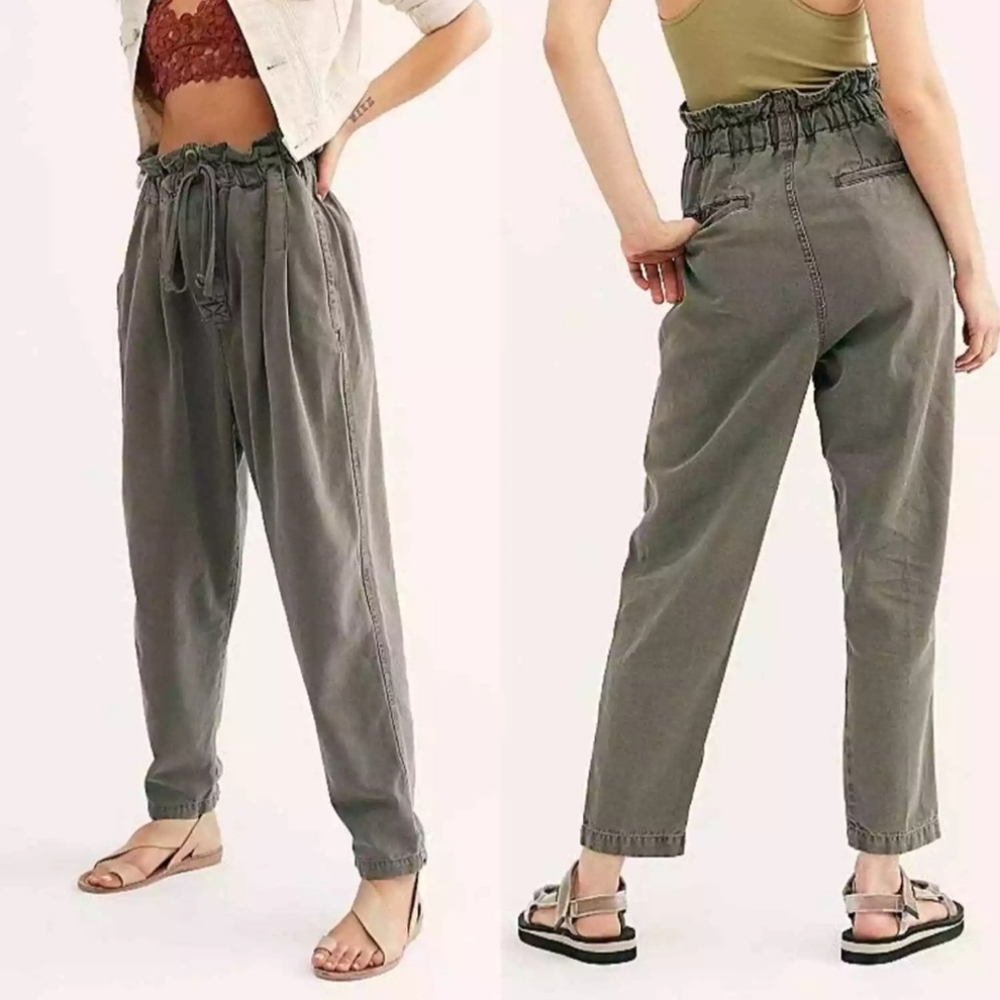 Free People Margate Pleated Trouser Pant in Olive Green Size Large